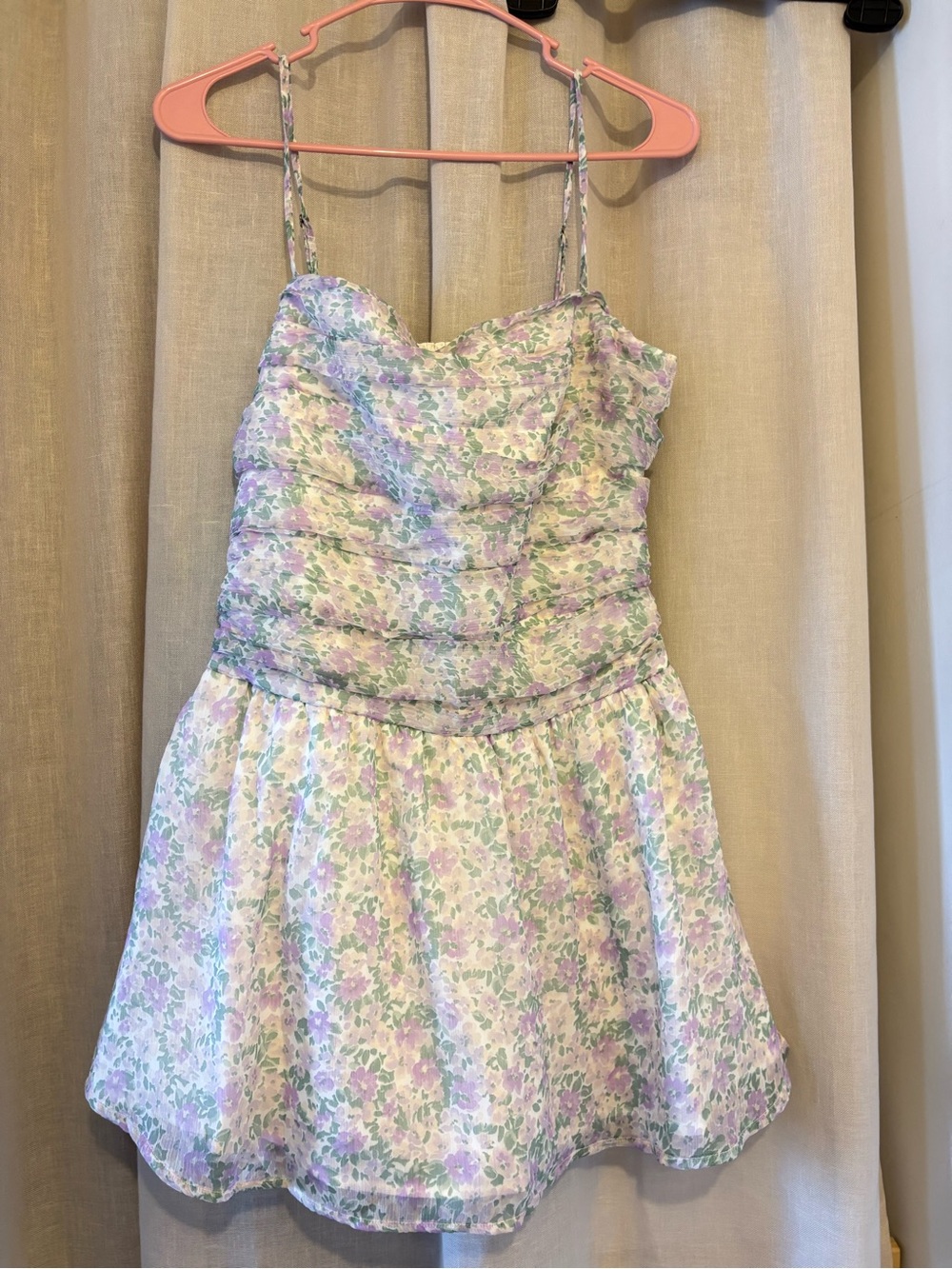 Womens Lavender Floral Spaghetti-Strap Dress with shorts underneath
